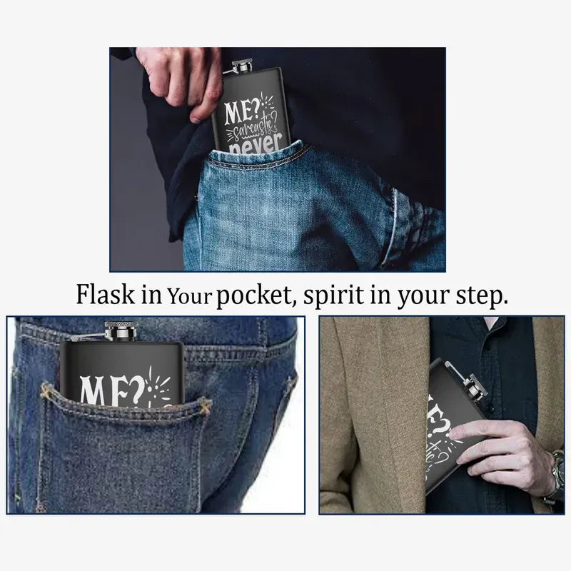 Flask with 'ME?' text in a pocket, surrounded by text 'Flask in Your pocket, spirit in your step.'
