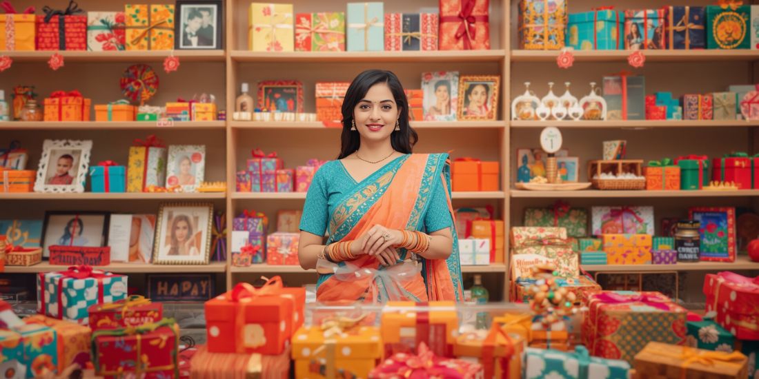 Sandhya Chaudhary, in a colorful saree, is standing in a zingy gift shop with shelves filled with various products.