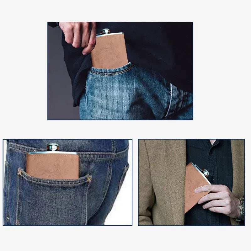 Collage of a person holding a small leather flask with a metal cap.