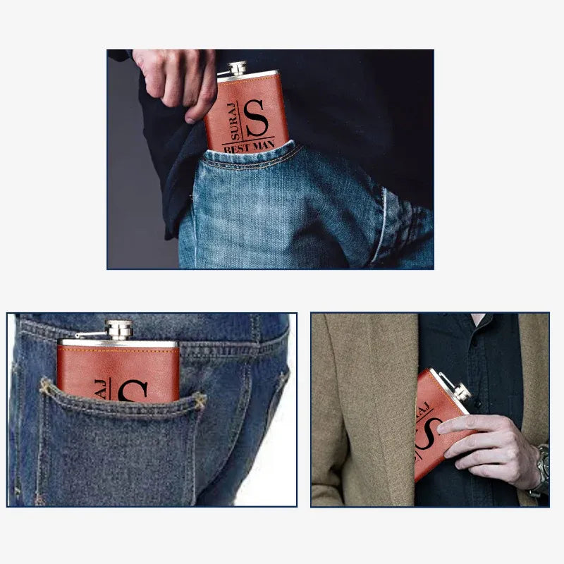 Brown leather flask with silver cap held in a pocket and by a hand.