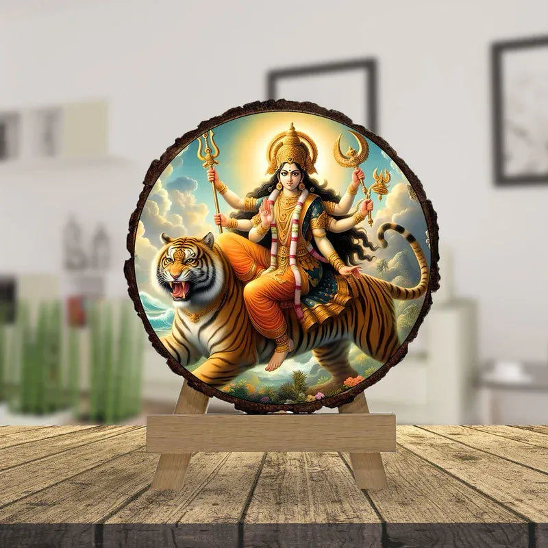 Decorative piece with a depiction of a deity on a tiger, mounted on a stand.