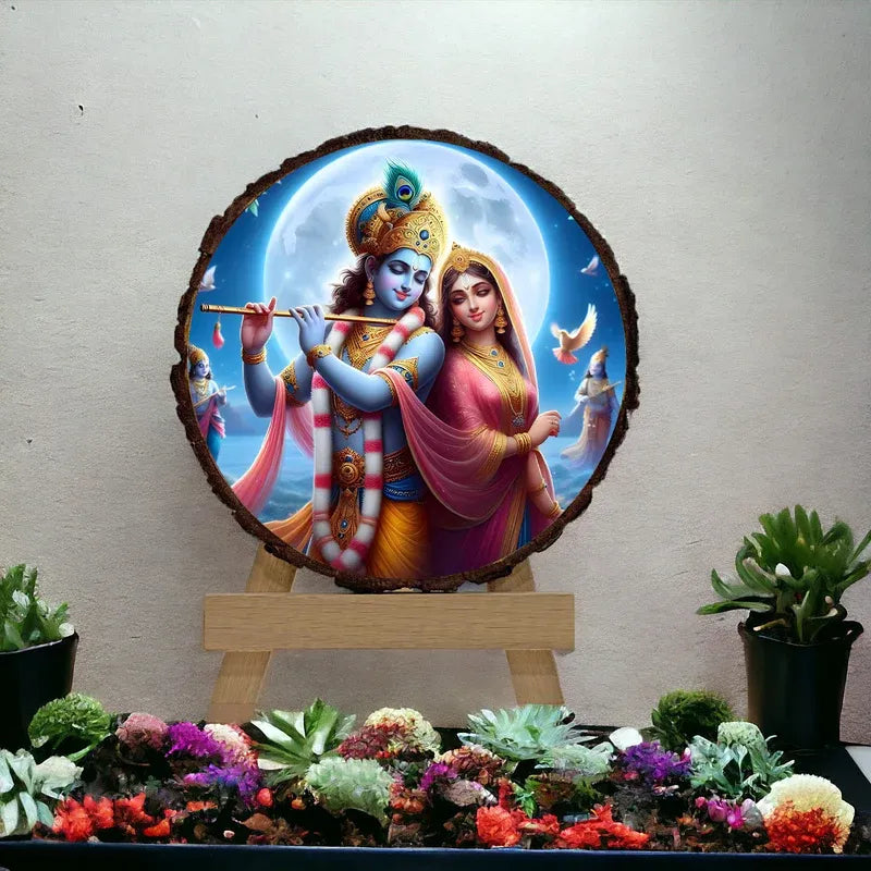 Decorative panel with a colorful depiction of two figures on a stand, surrounded by plants.