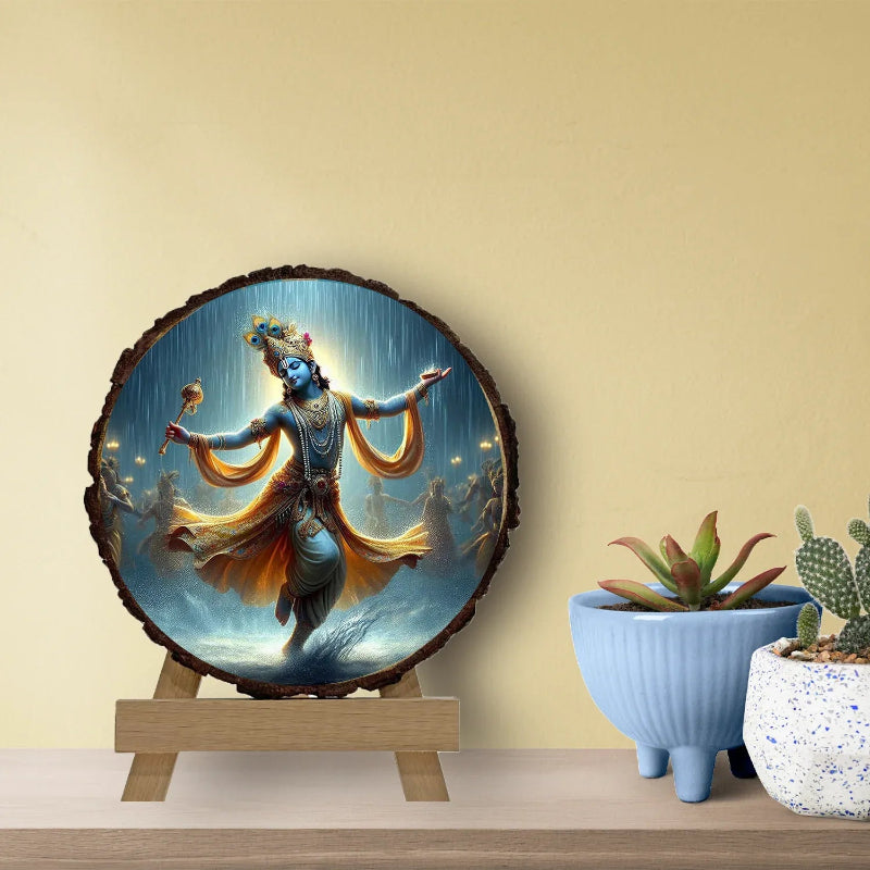 Decorative wall art of a神灵 figure on a wooden stand with plants in the background.