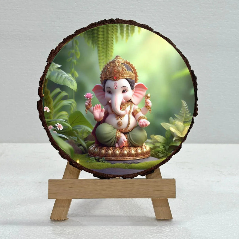 Decorative plate with an image of a deity on a wooden stand against a light background