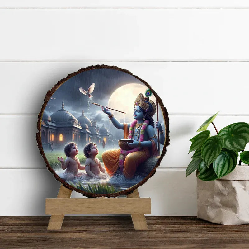 Decorative piece with a scene of a deity and children on a wooden stand, against a white wall.