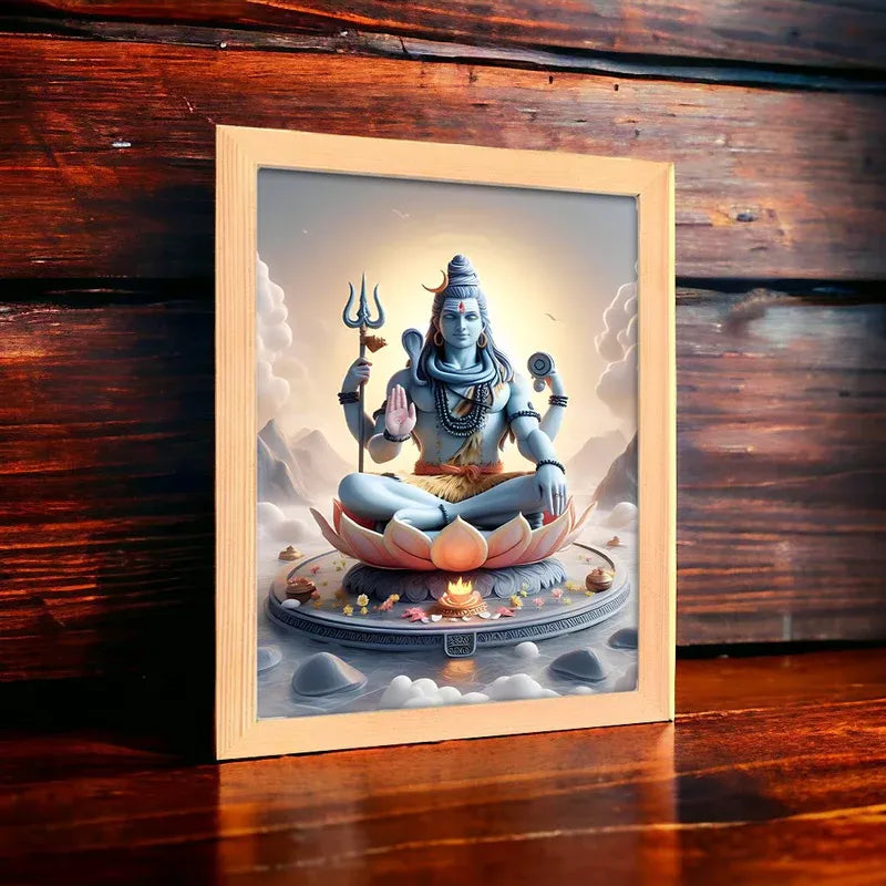 Framed artwork of a deity sitting on a lotus flower against a wooden background