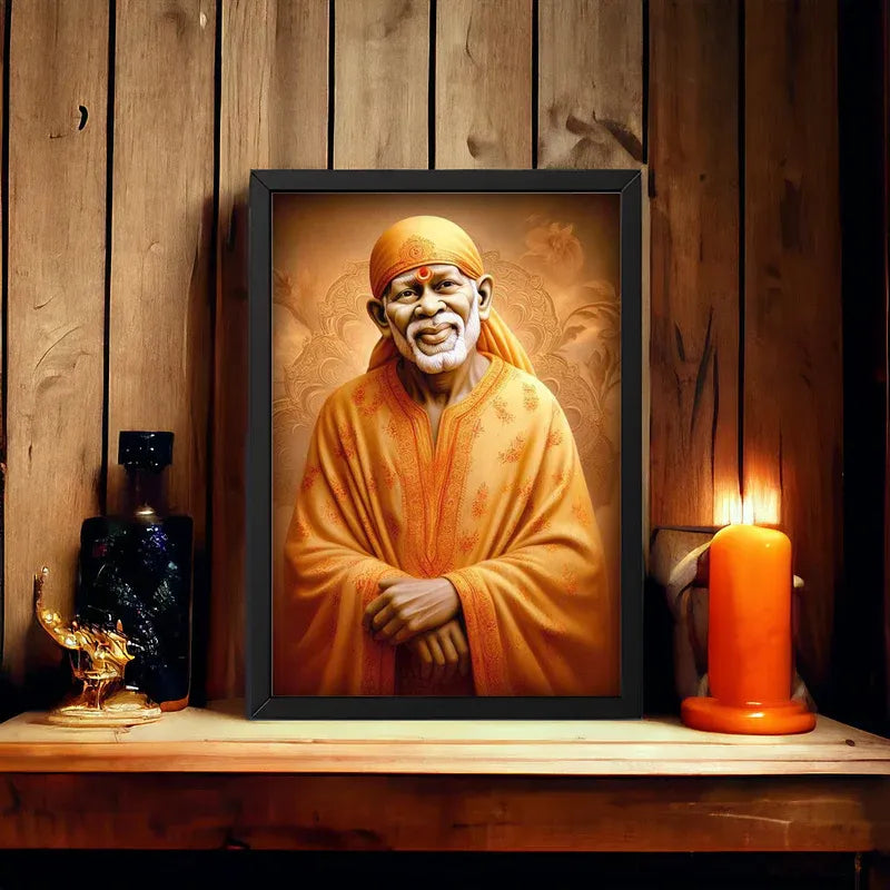 Framed portrait of a person in orange robes on a wooden shelf with a candle and decorative items.