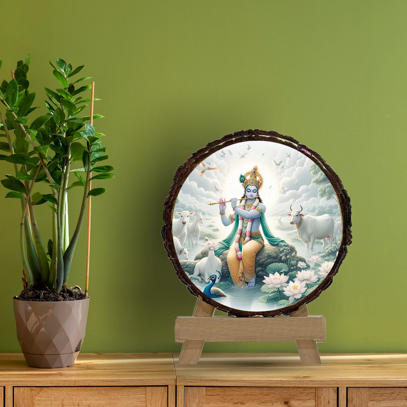 Decorative plate with a religious figure on a stand against a green wall with a plant.