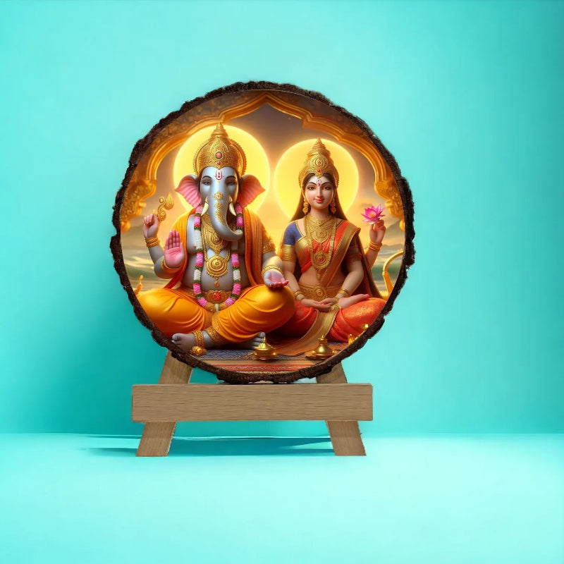 Statue of two deities on a wooden stand against a turquoise background