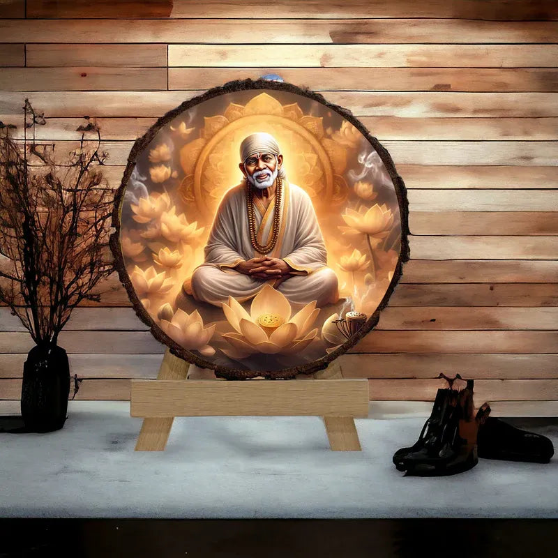 Decorative piece with a seated figure on a lotus flower against a wooden wall.