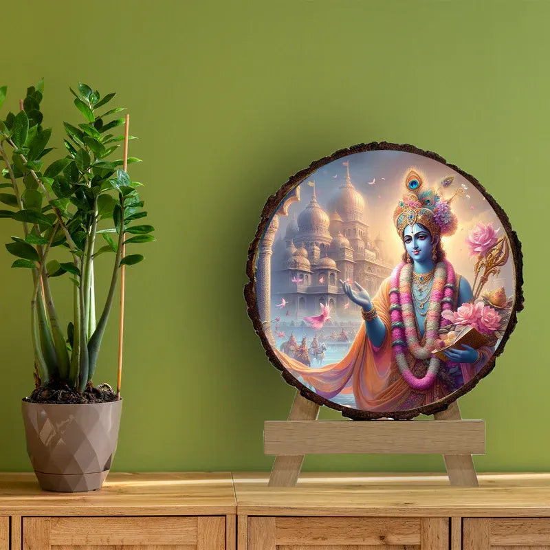 Decorative piece with a colorful depiction of a deity on a wooden stand against a green wall.