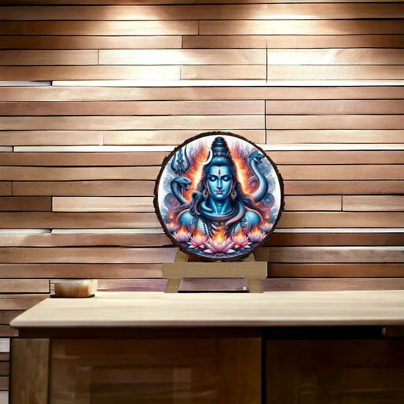 Decorative wall art with a spiritual design on a wooden surface and background