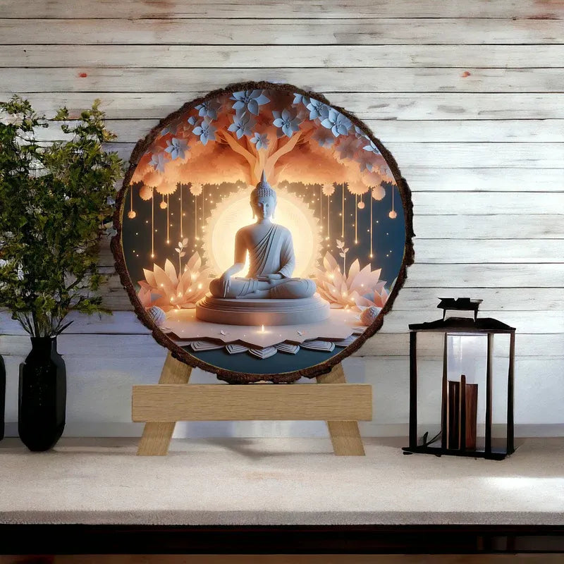 Decorative wall art with Buddha statue in a circular frame on a wooden stand.
