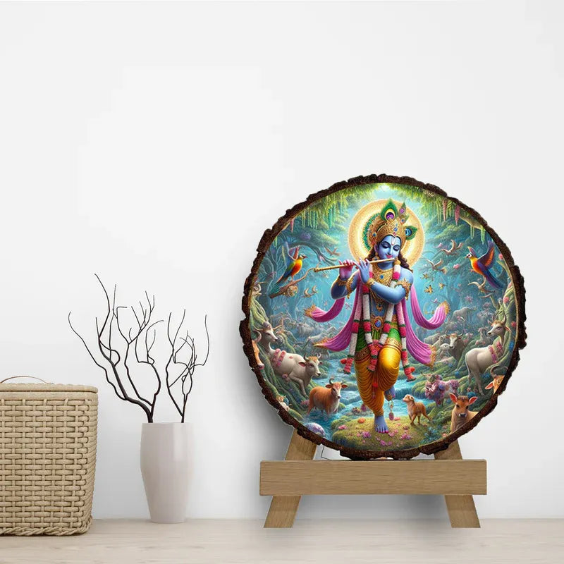 Decorative piece with a colorful depiction of a deity on a wooden stand against a white wall.