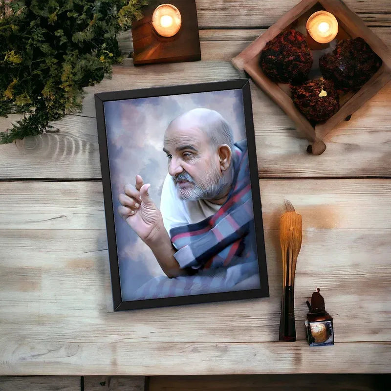 Framed portrait of a man on a wooden surface with candles and decorative items.