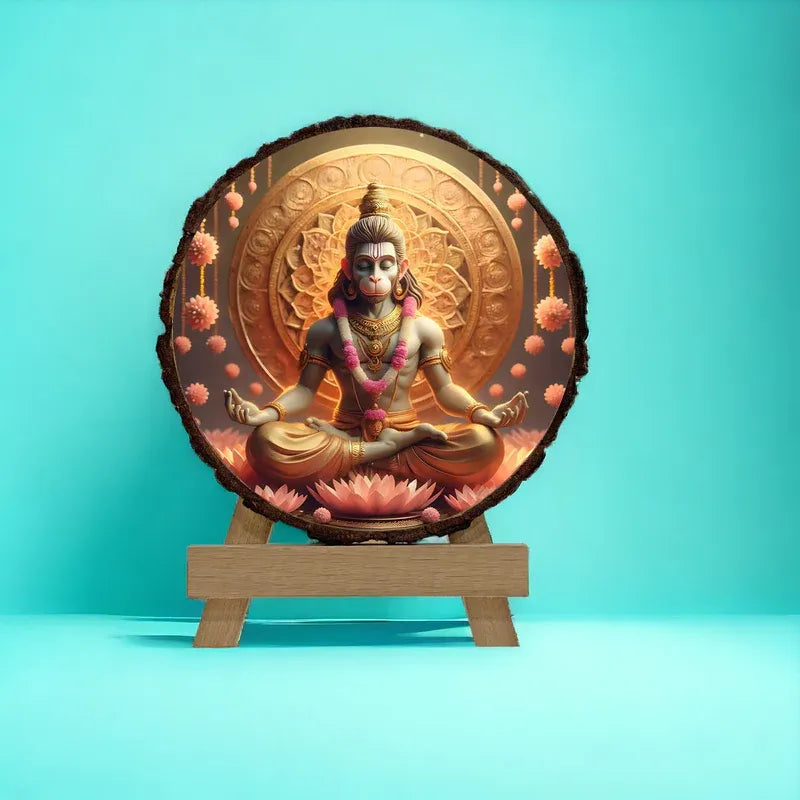 Decorative piece with a seated figure on a wooden stand against a blue background