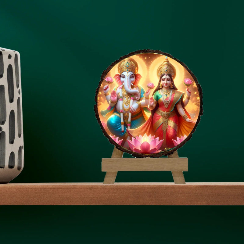 Decorative item with figures on a stand against a green background