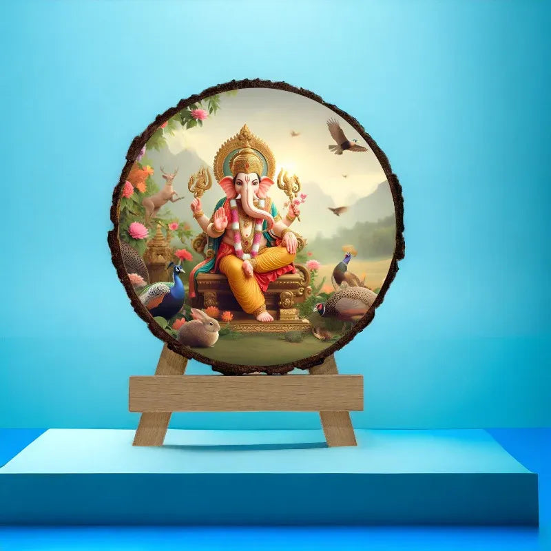 Decorative piece with a colorful depiction of a deity on a round board with a wooden stand against a blue background.
