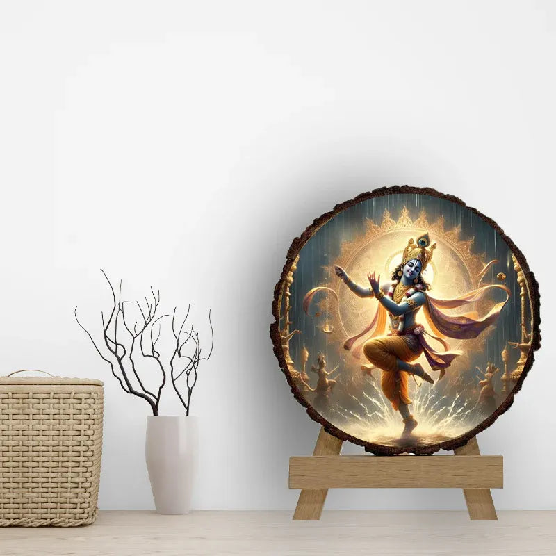 Decorative wall art with a figure on a wooden stand against a white wall.