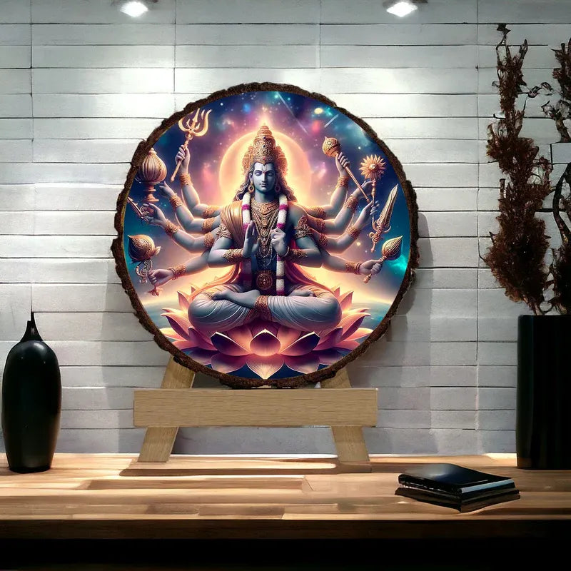 Decorative wall art of a multi-armed deity on a wooden stand with a neutral background.