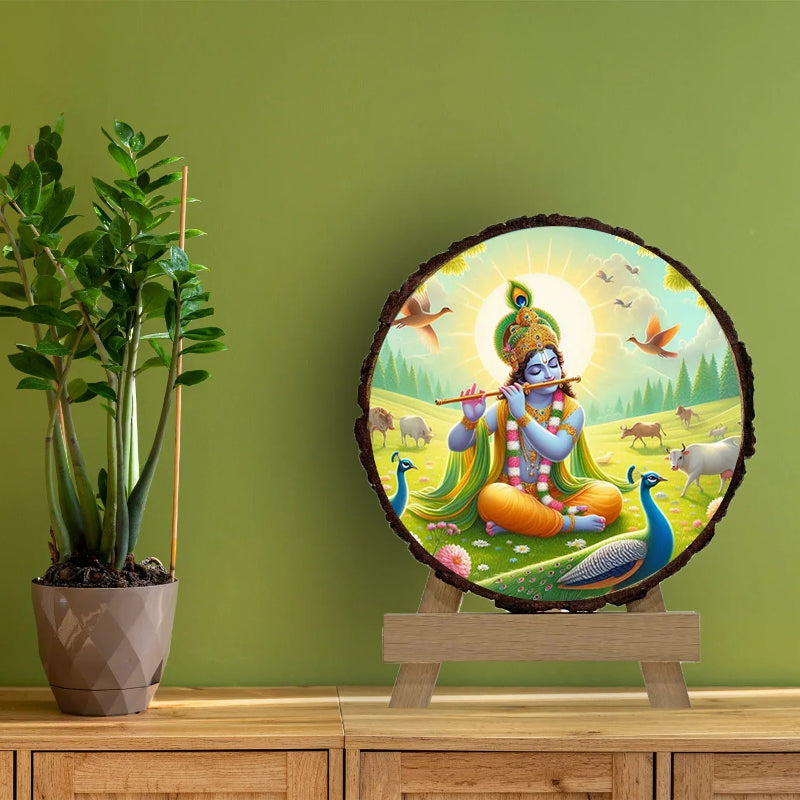 Decorative piece with a colorful depiction of a deity on a stand against a green wall.