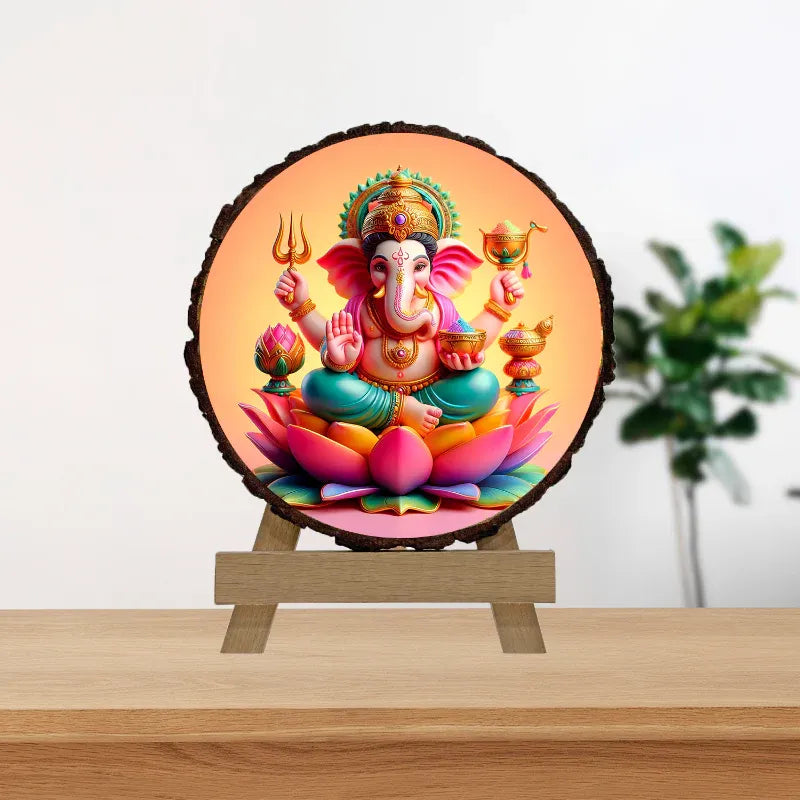 Colorful statue of a deity on a wooden stand with a light background