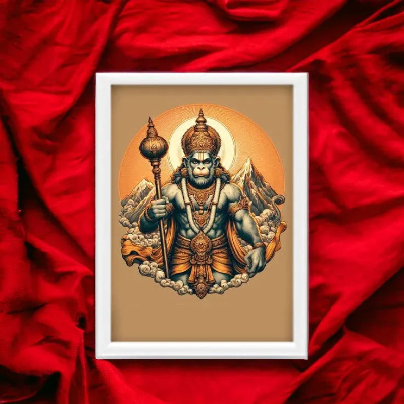 Framed artwork of a deity on a red fabric background