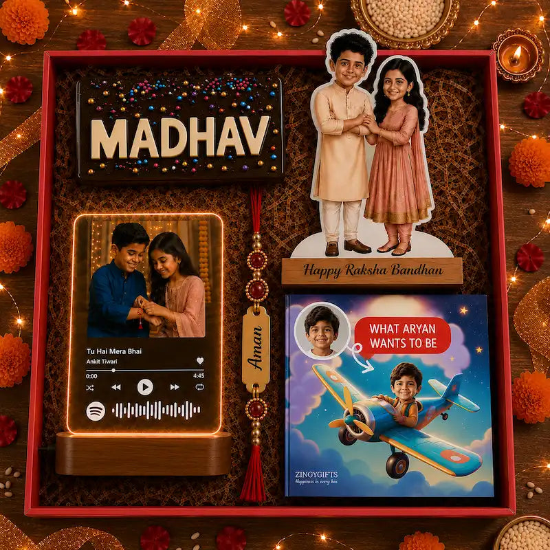 A personalized Raksha Bandhan gift box set featuring a custom photo wooden plaque, a music player display, a cartoon airplane card, and a red tassel garland, all arranged inside a red box on a decorated festive background.