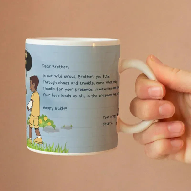 A hand holding a white ceramic mug with a custom printed message for a brother. The mug features a light blue background with a cartoon illustration of a boy in a yellow outfit and a poem written in black text.