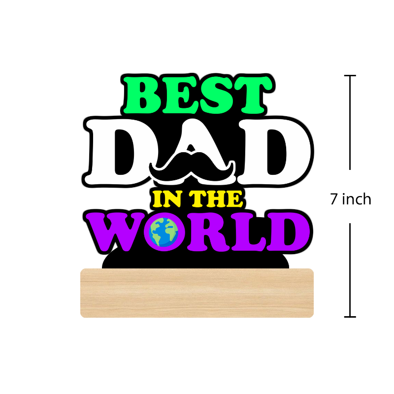 Decorative sign with 'Best Dad in the World' text and a mustache graphic, on a white background.