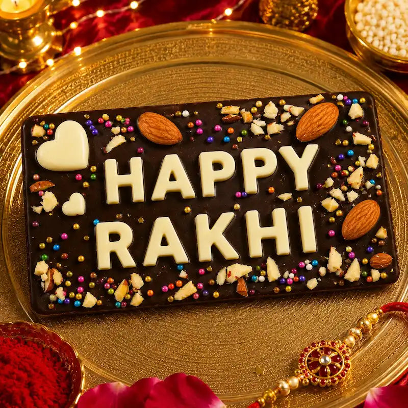 A rectangular chocolate bar decorated with white chocolate letters spelling 'HAPPY RAKHI,' colorful sprinkles, almonds, and chopped nuts, presented on a gold tray with festive decorations including a red flower and a Rakhi.