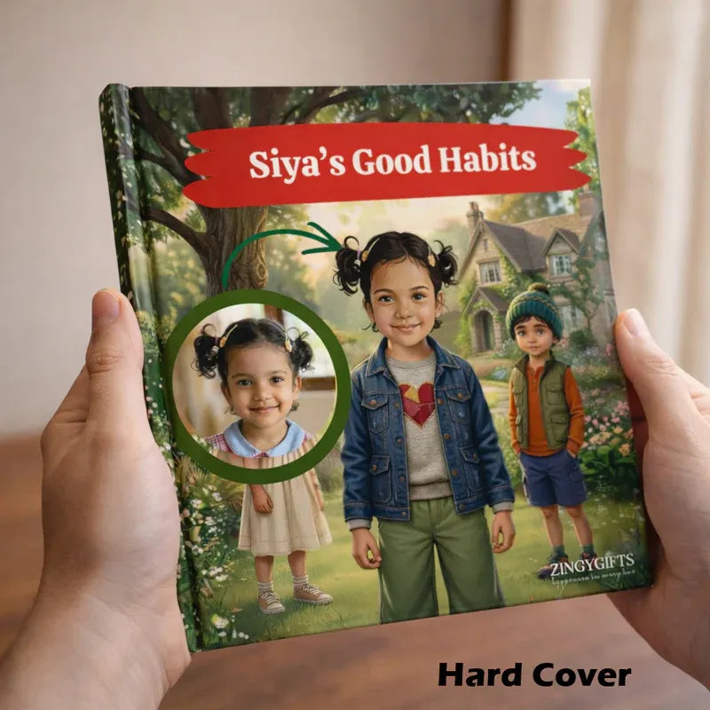 Book titled 'Siya's Good Habits' held by a person with a garden scene on the cover