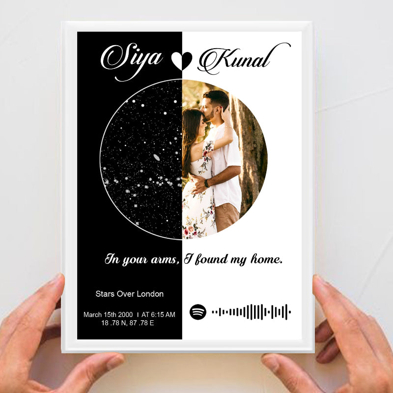 A personalized circular star map frame with a white border, displaying a couple's photo and names, a spotify song link, and a quote.