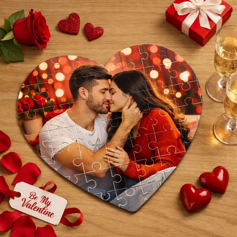 Heart-shaped puzzle with a couple on a wooden table with romantic items