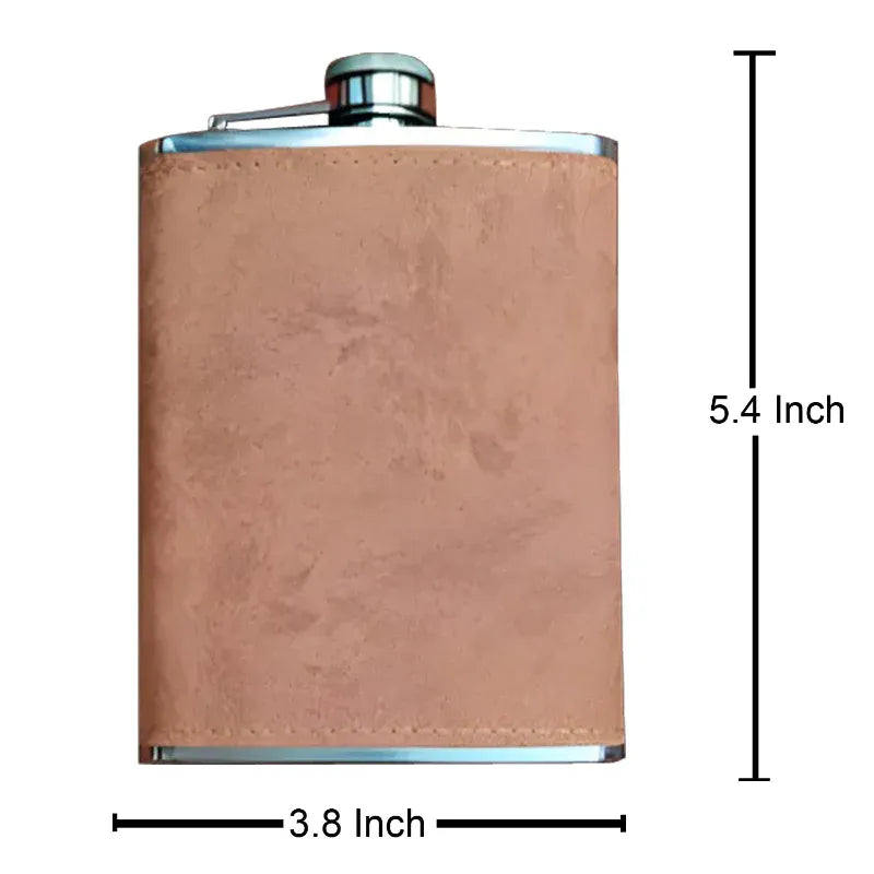 Brown leather flask with dimensions labeled on a white background