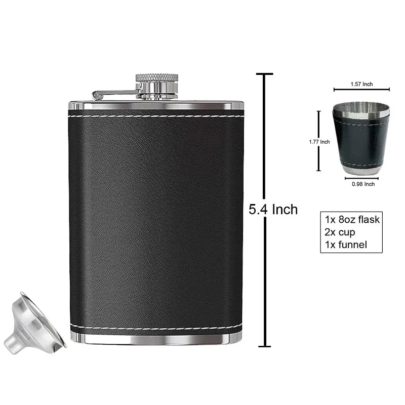 Black leather flask with silver cap and measurements on a white background
