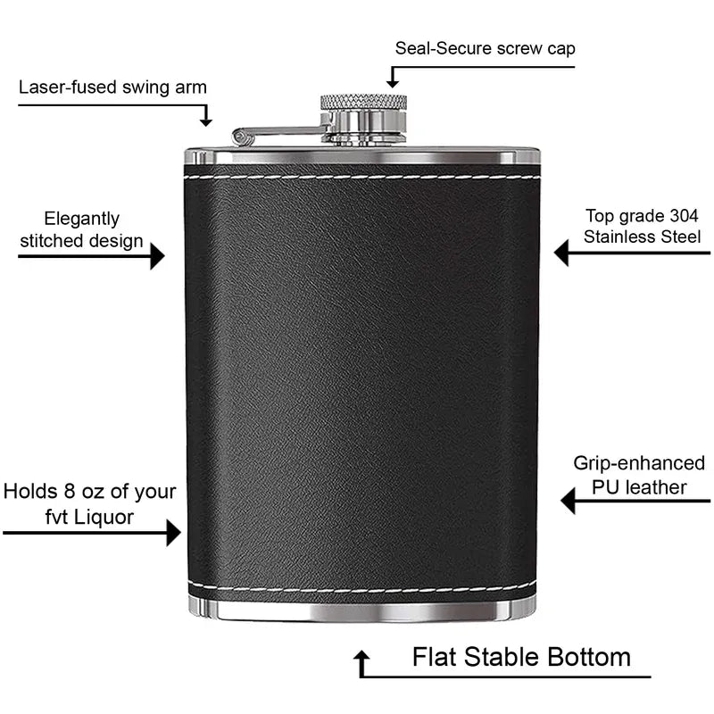 Black leather flask with stainless steel cap and features labeled on a white background
