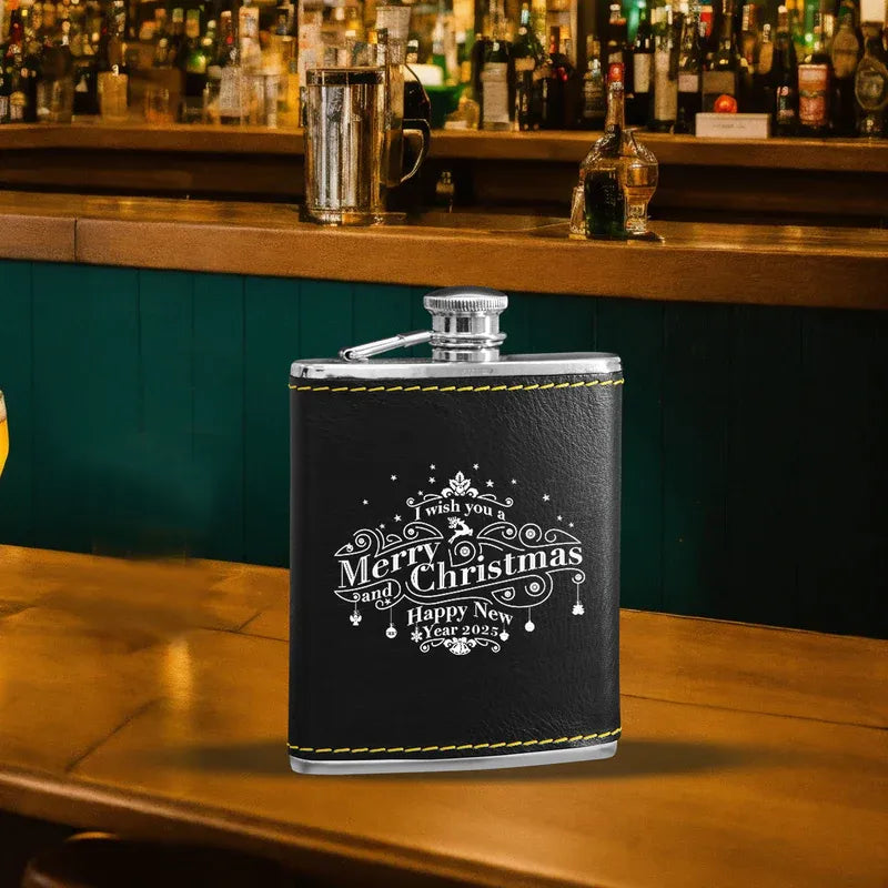Black Leather Hip Flask Customised with Name – Personalized Stainless Steel Flask Gift for Him or Her