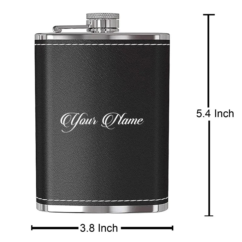 Black leather flask with silver accents and 'Your Name' engraving, dimensions displayed.