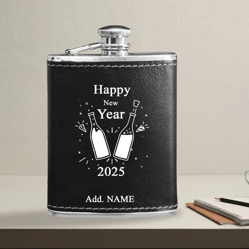 Black leather flask with 'Happy New Year 2025' text and bottle illustration on a beige background.