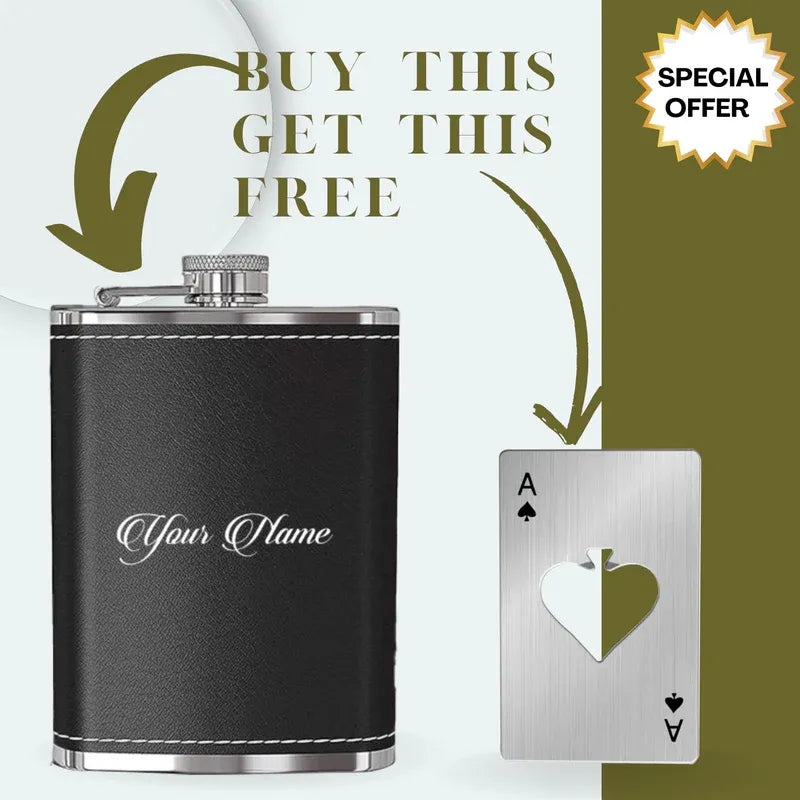 Black flask with silver cap and playing card cutout, promotional offer text on a white and green background