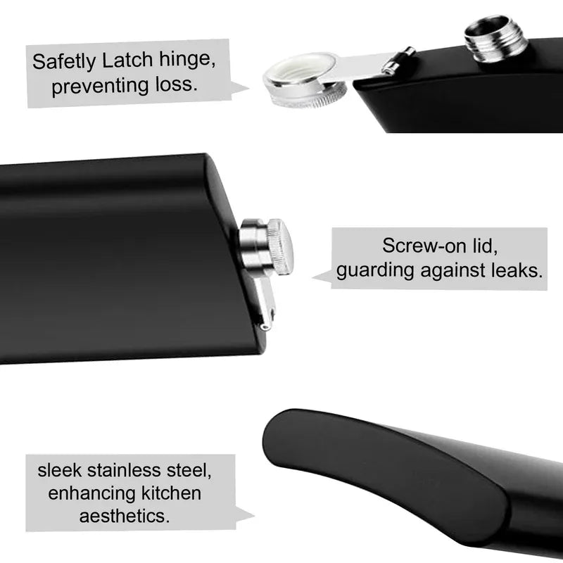 Black kitchen tool with safety latch, screw-on lid, and sleek design.