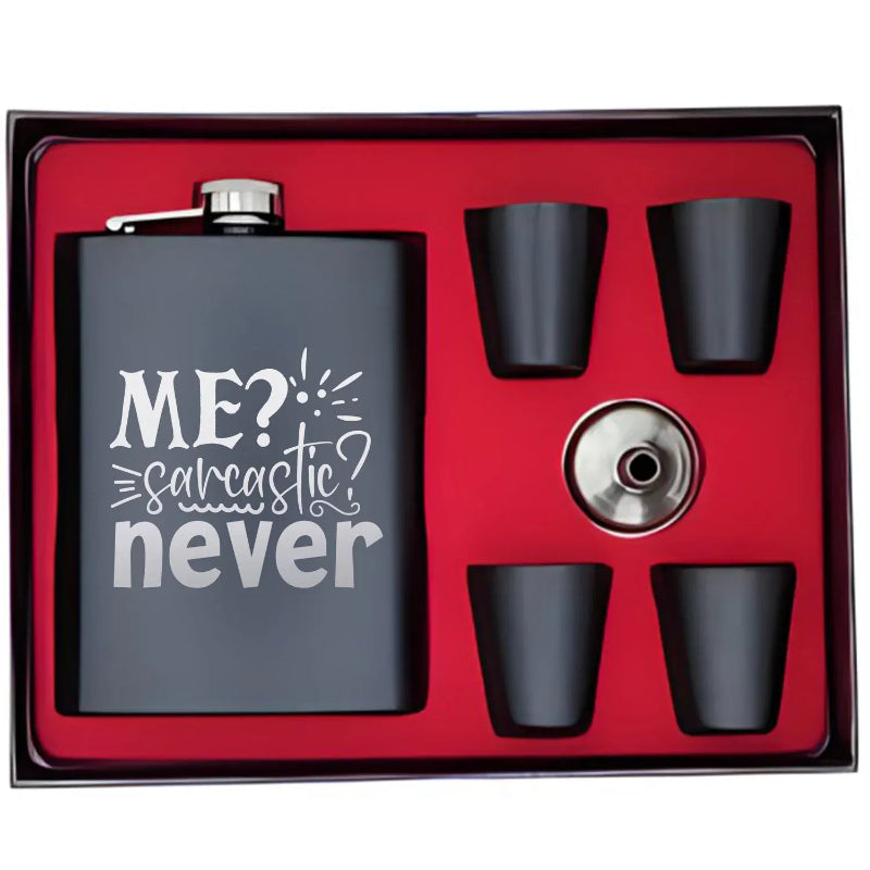 Black flask set with 'ME? sarcastic? never' text in a red box