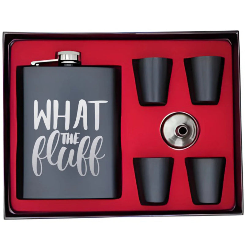 Black flask with 'WHAT THE FLUFF' text and four black cups in a red box.