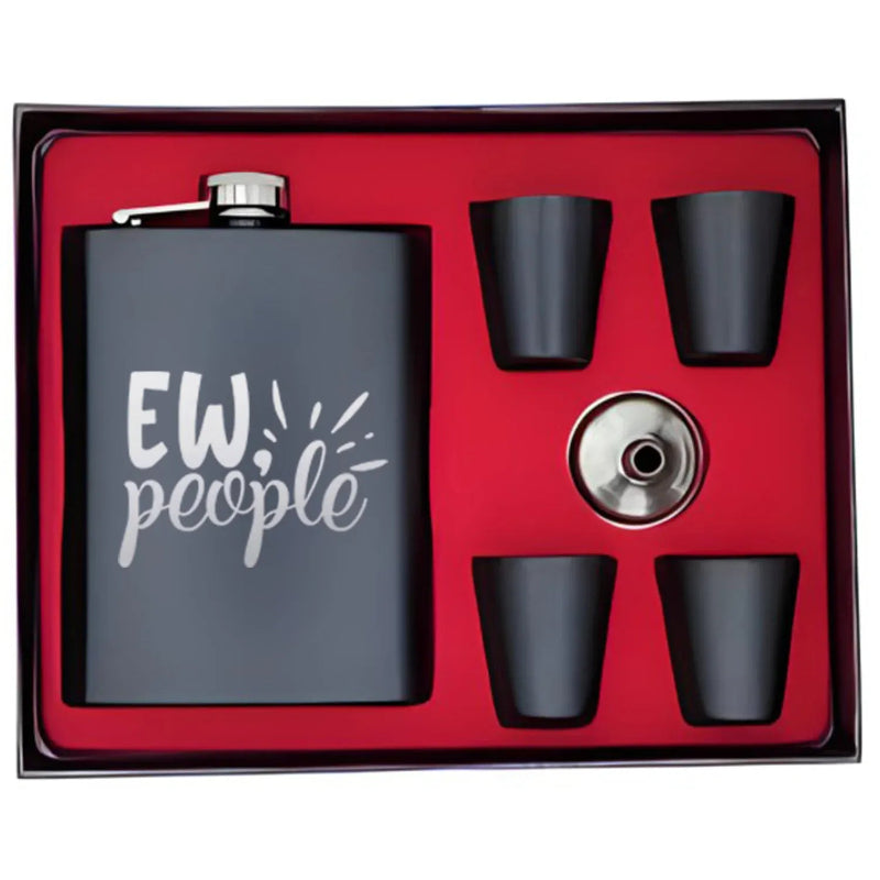 Flask set with 'EW, people' text in a box on a white background