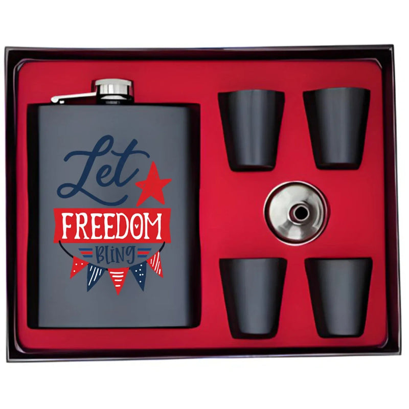 Flask set with 'Let Freedom Ring' design in a box