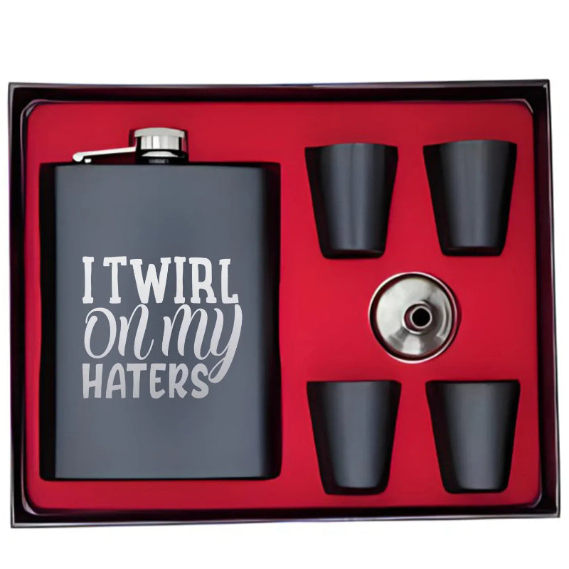 Flask set with 'I Twirl on my Haters' text in a red box