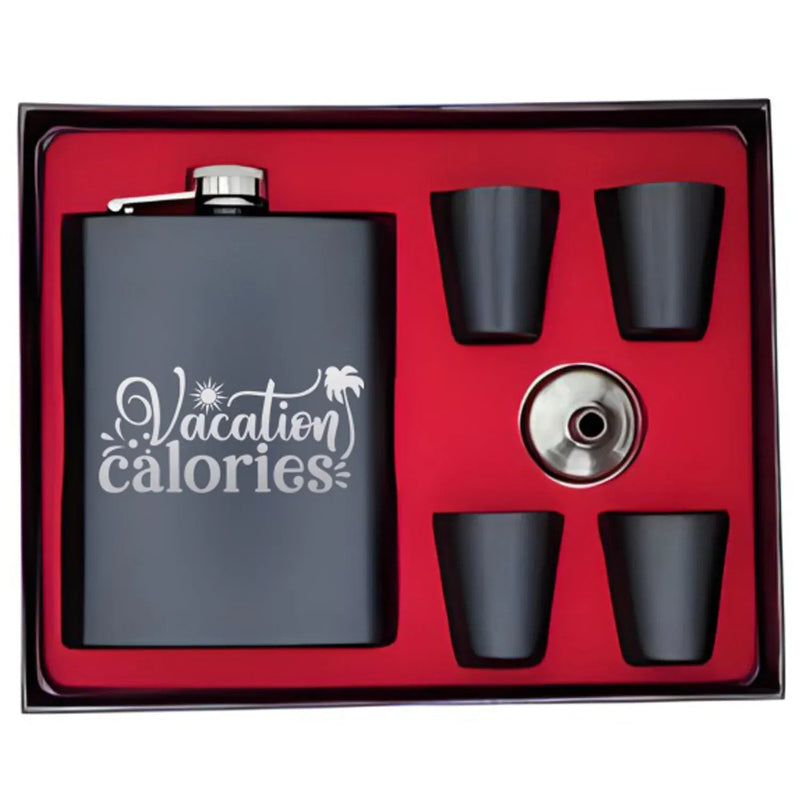 Black flask set with 'Vacation calories' text in a red box