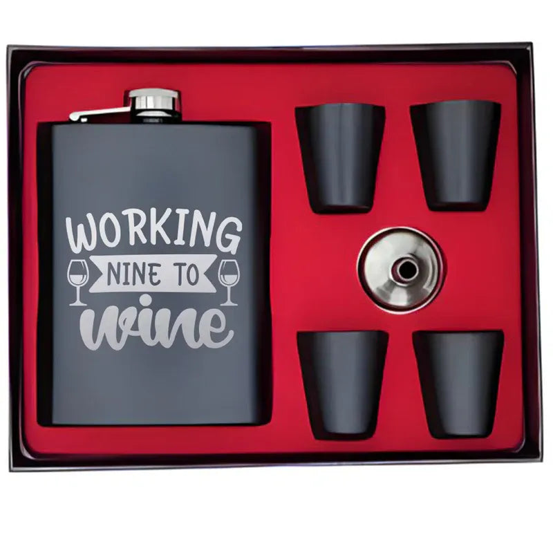 Flask set with 'Working Nine to Wine' text in a red box