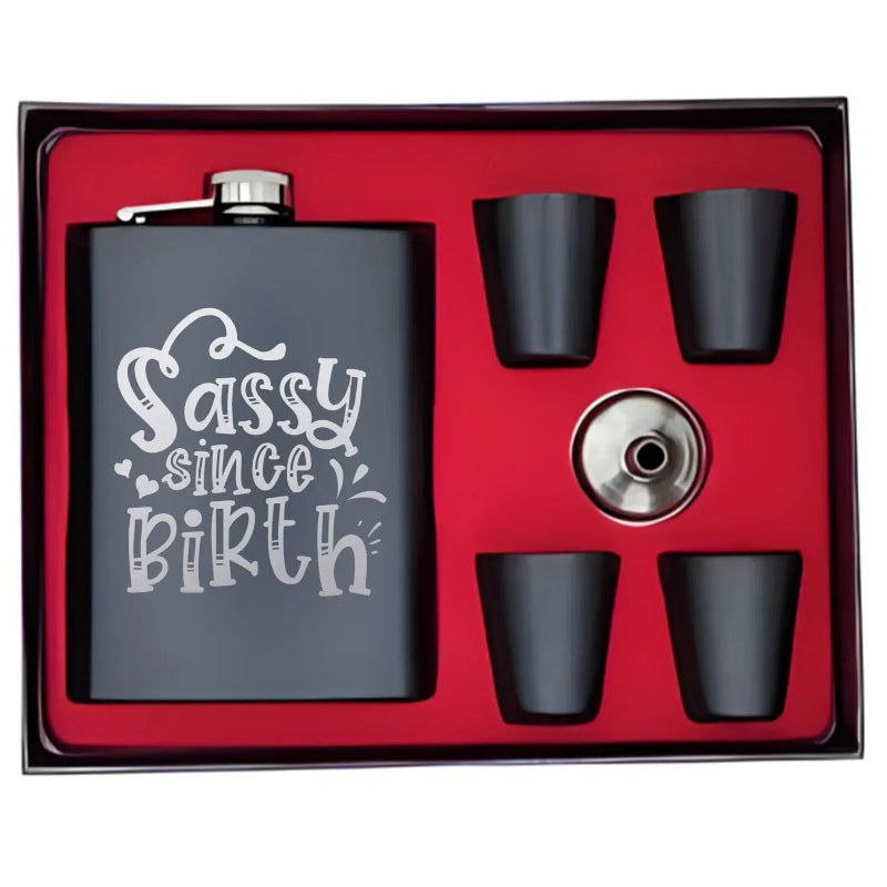 Flask set with 'Sassy since birth' text in a red box